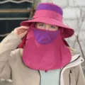 Outdoor sun protection hat with neck flap and face cover, breathable mesh for summer hiking. - Rose Purple