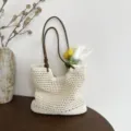 Woven tote bag for women, large capacity casual straw shoulder bag, summer resort style daily use. - Magnetic Closure / White
