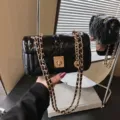 Chic quilted chain shoulder bag for women, elegant black crossbody bag with luxury metal. - Black