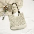 Casual beige woven tote bag with brown leather handles, stylish large capacity summer beach bag. - Zipper Style / White