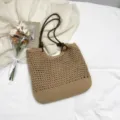 Woven tote bag for women, large capacity casual straw shoulder bag for summer vacation style. - Zipper Style / Khaki