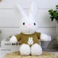 Cute white plush rabbit stuffed toy wearing a cozy brown knitted sweater with cute bunny embroidery. - White Rabbit in Earthy Yellow / 30cm