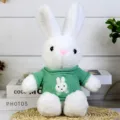 Cute white plush rabbit toy wearing green knitted sweater, perfect children gift and holiday mascot. - White Rabbit in Green Clothes / 30cm