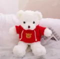 Primer plano detallado de un tierno oso de peluche blanco con sudadera roja y bonito bordado. - Sudadera con Capucha Roja / 30cm