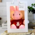 Cute pink plush bunny toy in white gift bag with red sweater, perfect holiday gift. - Pink Rabbit in Red Clothes Gift Box / 30cm