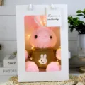 Cute plush rabbit toy in white gift bag with warm lights, soft stuffed animal doll for kids. - Pink Rabbit (Earthy Yellow) Gift Box / 30cm