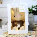 Cute plush rabbit toy wearing brown sweater, packed in a white gift bag with fairy lights. - Khaki Rabbit (Coffee) Gift Box / 30cm