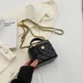 Black Quilted Small Crossbody Bag with Gold Chain and Camellia Accent, Chic Women's Handbag - Black Small