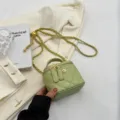 Green quilted mini crossbody bag with gold chain strap and elegant flower detail for women - Green Small