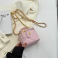 Pink quilted chain crossbody bag for women, stylish small vanity handbag with metal strap. - Pink Small