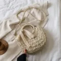 Sac à bandoulière en paille tressée beige avec nœud en dentelle, sac d'été chic SKU - Blanc Cassé