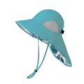 Turquoise wide brim sun hat with neck flap, windproof chin strap, and breathable mesh. - 58 / Blue Leaf