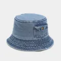 Sombrero de pescador de mezclilla vintage lavado con bolsillo lateral, gorra de sol casual. - Talla única / Azul claro