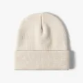 Solid color ribbed knit beanie cap, thick warm winter hat in light beige variant style. - Light Apricot