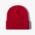 Red cuffed knitted beanie winter warm thick solid color woolen cap retro style hat - Bright Red