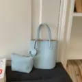 Γαλάζια δερμάτινη τσάντα bucket με μίνι θήκη, κομψή γυναικεία τσάντα χειρός για καθημερινή χρήση - Μπλε