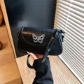 Sac porté épaule noir brodé de papillons blancs, élégant sac à main en cuir PU chic. - Sans pendentif / Noir