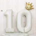 32 Inch Cream White Number 10 Foil Balloons Birthday Party Decoration Set with Crown Decor - Number 10