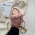 Mini pink quilted vanity shoulder bag, chic pu leather handbag with gold chain and handle. - S / Pink