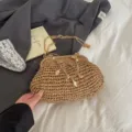 Woven straw shoulder bag for women, stylish beach crossbody bag with chain strap and charms. - With Pendant / Khaki