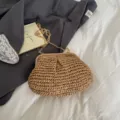 Chic straw woven shoulder bag for women, stylish chain messenger bag for summer beach daily. - No Pendant / Khaki