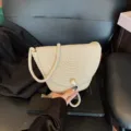 Korean style handmade woven mini shoulder bag for women, chic pearl buckle crossbody bag. - No Pendant / Off White