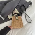 Straw Bucket Bag with Black Bead Handle Woven Crossbody Bag Casual Beach Handbag for Women - Khaki
