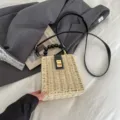 Vintage woven straw bag with pearl handle chic metal lock cross body shoulder bag for women. - Off White
