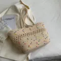 Mπεζ πλεκτή τσάντα ώμου, βαμβακερή τσάντα crochet shopper με πολύχρωμες βούλες - Έγχρωμα Πουά