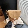 Korean fashion mini woven straw crossbody bag with pearl closure for daily casual use. - No Pendant / Khaki