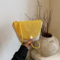 Hand-woven straw phone bag, yellow flap with pearl button, stylish mini crossbody bag for women. - No Pendant / Yellow
