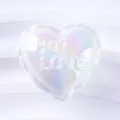 Holographic heart pendant detail, iridescent acrylic craft accessory with debossed love text. - Heart / White