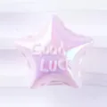 Close-up of pink iridescent acrylic star bead with embossed good luck text for DIY jewelry. - Pentagram / Pink
