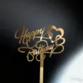 Adorno de tarta Happy Birthday de acrilico dorado con corazones para detalle fiesta. - Estilo Corazón 1 / Ancho aprox. 9CM / Dorado