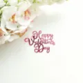 Close-up of pink acrylic Happy Valentine's Day cake topper with elegant white orchid decor. - Single Layer Mirror Rose Red Happy Valentine's Day / Width Approx 9CM