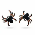 Detailed close-up of embroidered spider patches featuring vibrant black and orange tarantula designs. - Printed Spider Two Piece Set