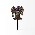 Halloween acrylic cake topper detail view, cartoon haunted tree design with witch hat and pumpkins. - Funny Tree