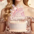 Acrylic birthday cake topper with pink crown and butterfly design for party decoration details. - Width Approx 9CM / Spanish Crown Butterfly Light Pink