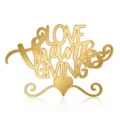 Gold acrylic Thanksgiving cake topper featuring LOVE thanks GIVING text for party decor. - Love and Thanksgiving