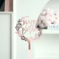 Décoration de gâteau happy birthday en acrylique or rose avec couronne florale - Couronne Florale Joyeux Anniversaire Or Rose / Largeur env. 9CM
