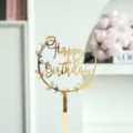 Décoration de gâteau Happy Birthday en acrylique doré avec détail floral pour fête. - Design Tulipe Joyeux Anniversaire Or / Largeur env. 9CM