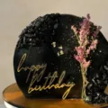 Set de adorno de pastel de feliz cumpleaños de acrílico, roca negra y flores secas. - Decoración de Tarta Feliz Cumpleaños Dorado 09