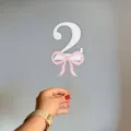 Birthday cake topper number 2 with pink bow acrylic dessert decoration party supplies. - Double Layer Bow Number 2 / Transparent Pink