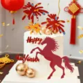 2026 New Year cake topper acrylic horse cake decoration festive party supplies detail view - Acrylic Red Happy New Year Letters
