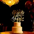 Gold acrylic Happy New Year cake topper for cross-year party and holiday dessert decoration. - Gold Stars Fireworks / Width Approx 9CM