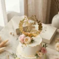 Gold acrylic Mother's Day cake topper featuring Thank You Mom text and floral butterfly design. - Gold Marked Butterfly Wreath Thank You Mom