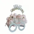 Detail view of Spanish birthday party glitter glasses headband set decorated with pink flowers. - Spanish Birthday Headband Glasses Set (Silver)