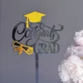 Acrylic Black Gold Graduation Cake Topper Congrats Grad Party Cake Decoration Insert - Doctoral Cap Black Gold Double-Layer Congrats Grad / 1.3mm Thick/Width Approx 9cm / Black and Gold Two-tone