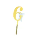 Gold number six acrylic cake topper with light blue bow detail close up shot for birthday party - Number 6 (Double Bow) / 6x14.5cm / Gold