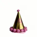 Detailopname van glanzende gouden feestmuts met roze pompons en schattige verjaardagstekst. - Gouden glitterbal / 19*15cm